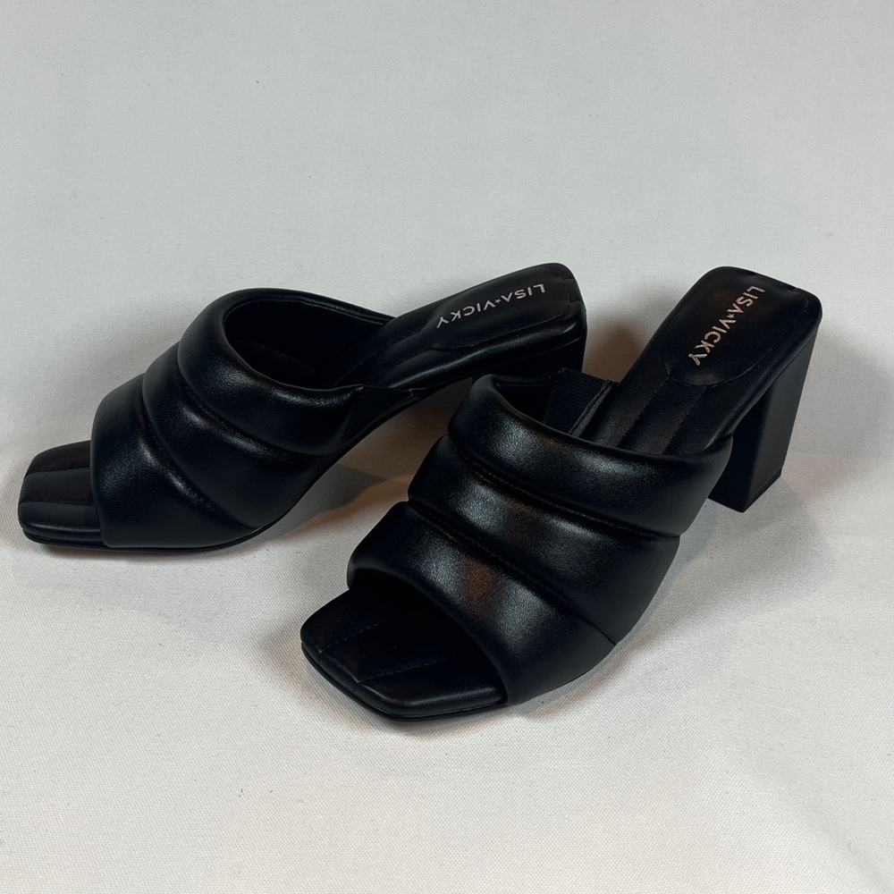 Lisa Vicky Very Sandals Black Napa Leather Heeled Open-Back Slip-On Dress Shoe - Picture 2 of 7